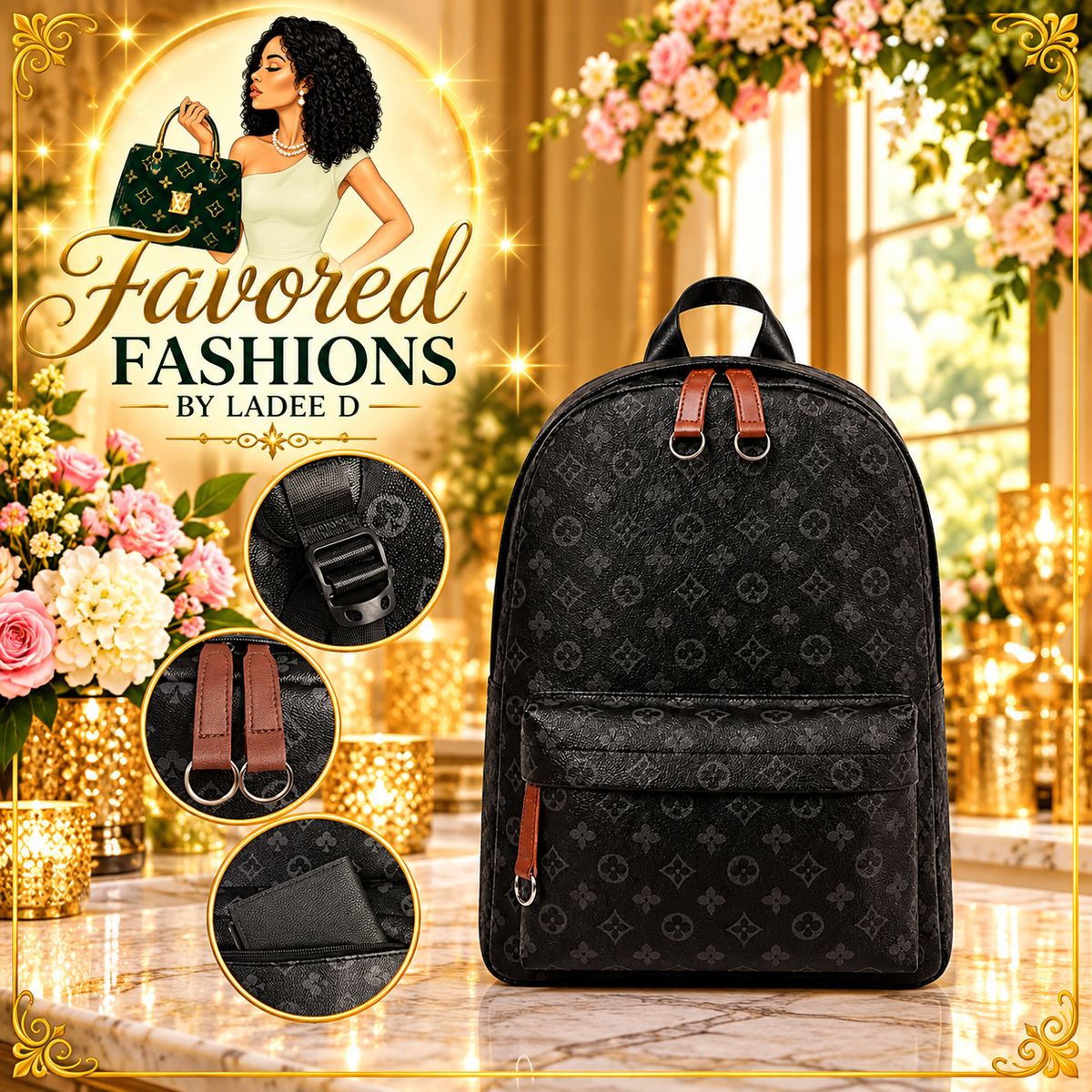 Black L Flower Backpack