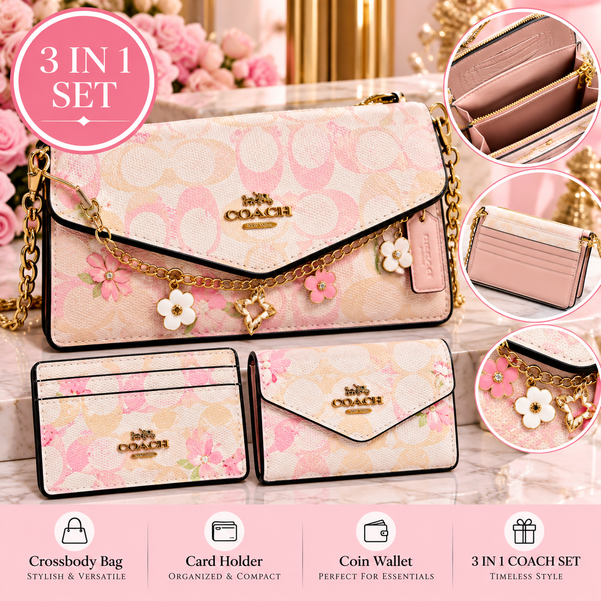 Pink C Crossbody 3 Piece Set