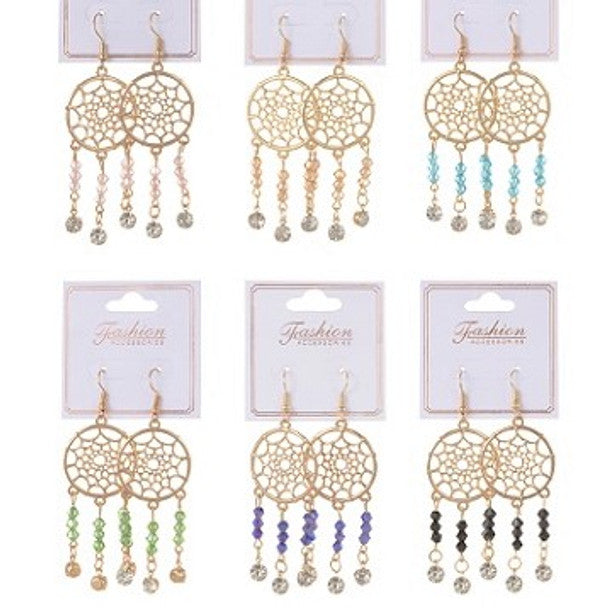 #1458 Gold Dream Catcher Theme Earrings w/Crystals