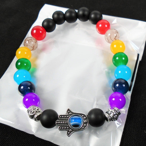 #1459 Glass Bead Hamsa Chakra Stretch Bracelets