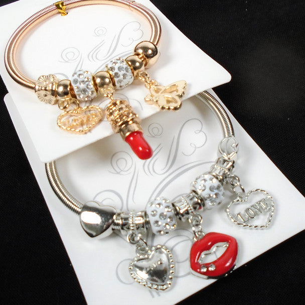 Gold & Silver Spring Style Bracelet w/Lips & Lipstick