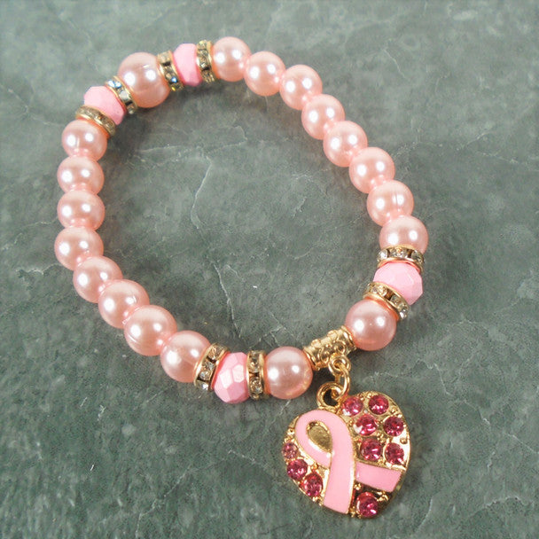 #1447 Pink Pearl Stretch Bracelet Pink Ribbon Theme w/ Heart Charm