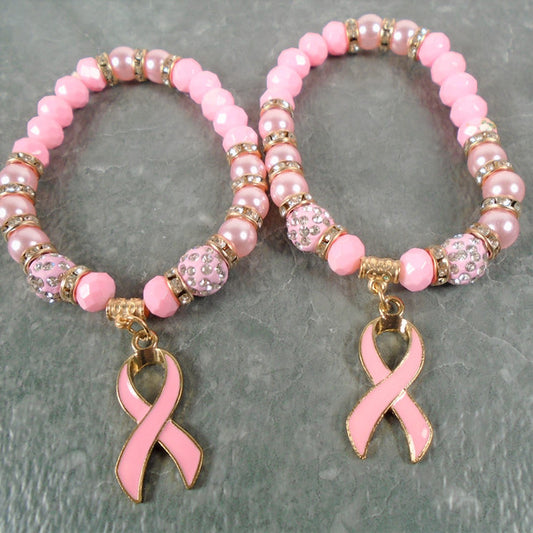 #1448 Mixed Style Beaded Pink Ribbon Theme Bracelets w/Charm