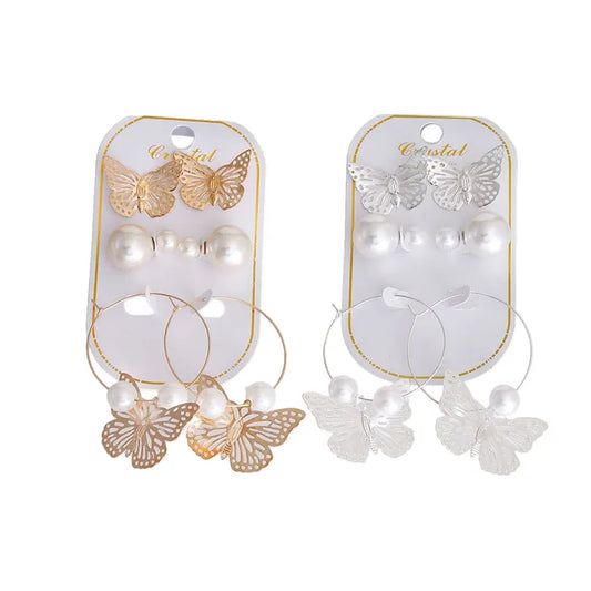 #2667 Gold or Silver Pearl Butterfly 3 Pcs Earring Set