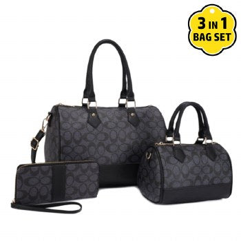 Black Leather Geometric 3 In 1 Handbag